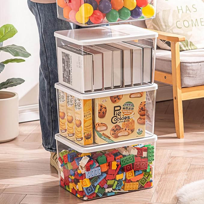 Clear plastic storage bins with LIDS,storage containers for snacks, cosmetics, books, dog food, Storage Organizer for Nursery，Kitchen, Living room,Bedroom, Bathroom, Office (Clear-White Lid, 3XL)