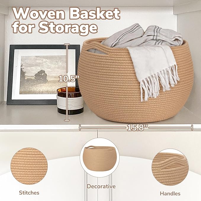 Goodpick Large Toy Storage Basket for Kids, Round, 15.7" x 10.5", Camel | Woven Rope Basket with Handles, Holds Blankets, Toys & Baby Shower, Decorative Basket for Living Room & Bedroom Décor