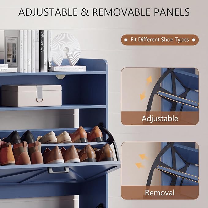 Xixini Shoe Storage Cabinet with 2 Flip Drawers, Entryway Shoe Rack, Blue | Freestanding Narrow Shoe Storage, Hidden Slim Wood Shoe Organizer, Modern Farmhouse, Open Storage & Hooks for Closet, Hallway