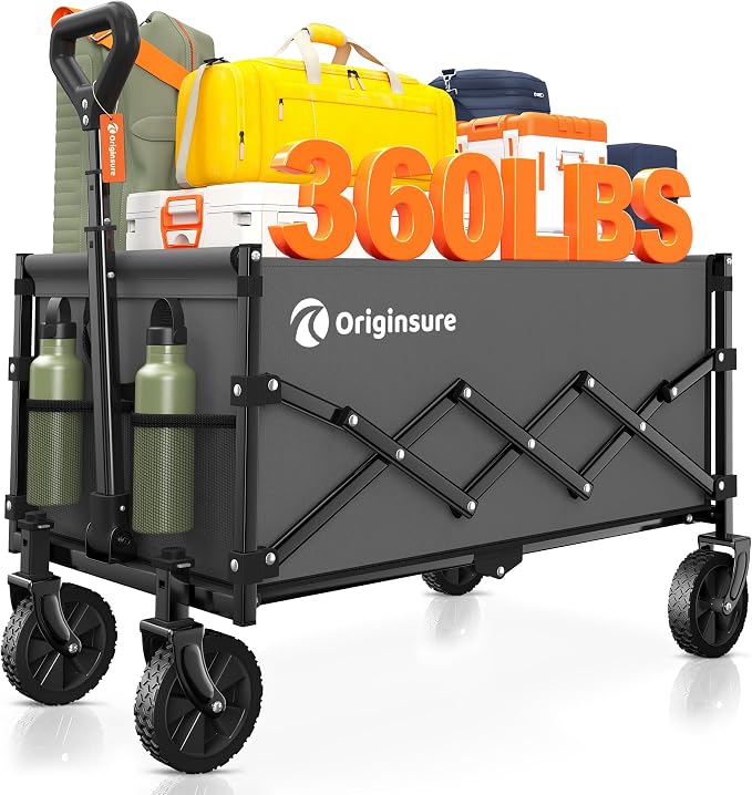 Originsure 110L Portable Collapsible Wagon Cart, 360lbs Heavy Duty, Grey | All-Terrain Wheels,Solid Steel Frame,Adjustable Handle,Compact&Space-Saving,Utility for Camping,Sports,Grocery,Garden