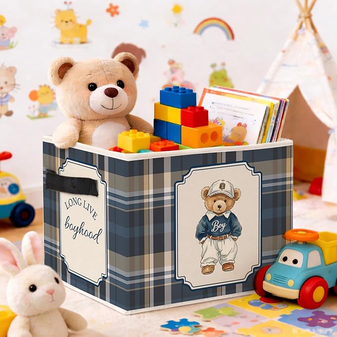 Boyhood Bear Storage Bin, Blue Plaid Foldable Fabric Basket | Foldable blue plaid fabric organizer with Long Live Boyhood bear design for nursery, bedroom, playroom, toys, books, clothes