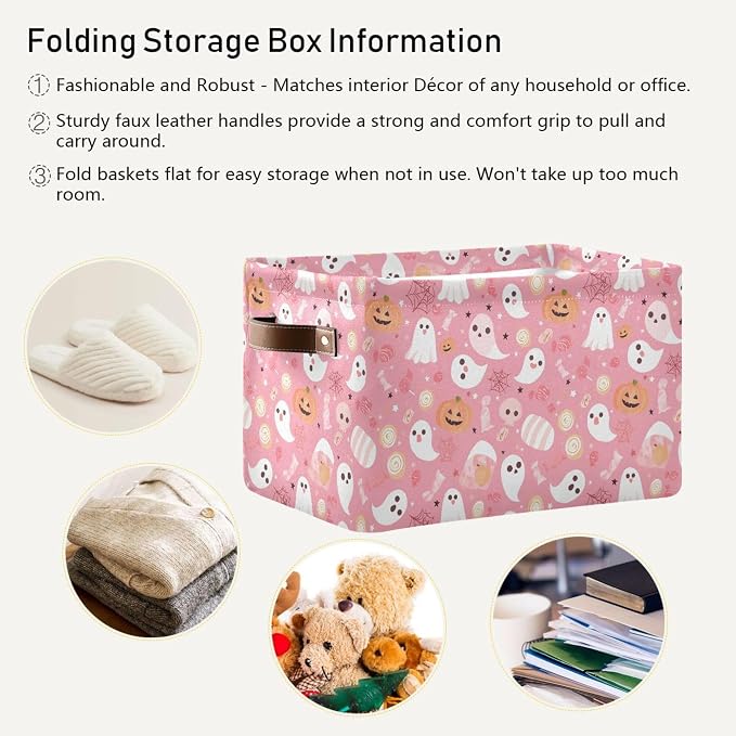 Wamika Halloween Pink Storage Basket with Waterproof Liner and PU Handles Pumpkin Ghost Candy Storage Bins Boxes 14.2" Collapsible Decorative Organizer Baskets for Bedroom Closet Office 2 Pack