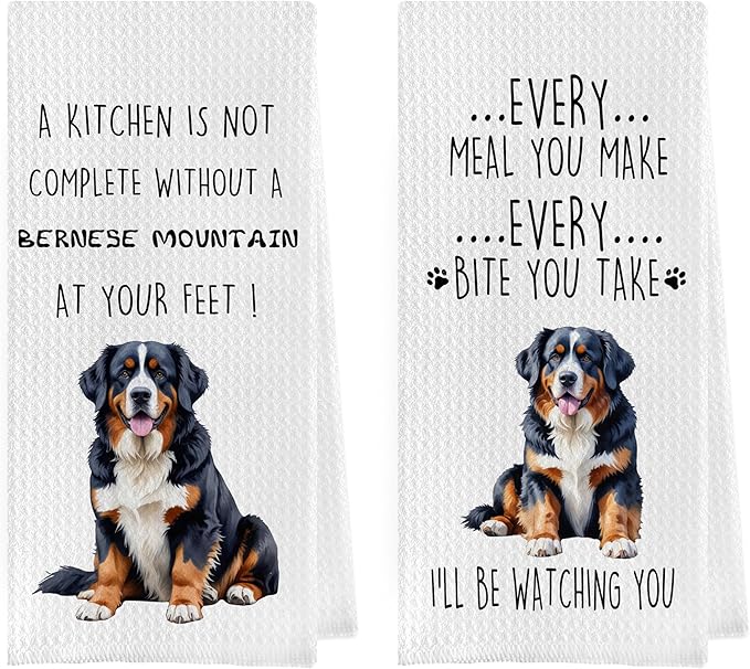 Gqtt Bernese Mountain Dog Dish Towels Set - Funny Dog Gifts, Decorative Waffle Kitchen Towels, Hand Tea Towels (1624 Inches, Set of 2)