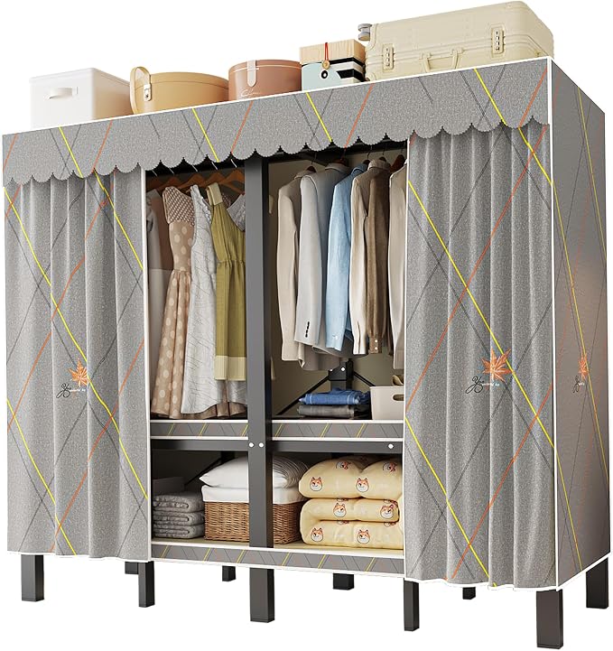 71in Heavy Duty Portable Closet with Cover, 1500lbs Foldable Covered Metal Clothing Wardrobe Closet System, Heavy Duty Garment Rack for Hanging Clothes, for Bedroom,Apartment,Rental Property,Gray
