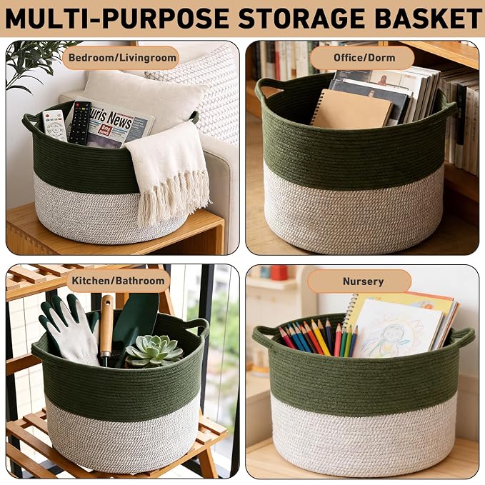 90L Extra Large Blanket Basket,Woven Laundry Basket-Green&White | Collapsible, reinforced handles, nursery storage bin organizes clothes, toys and pillows for living room, bedroom bathroom