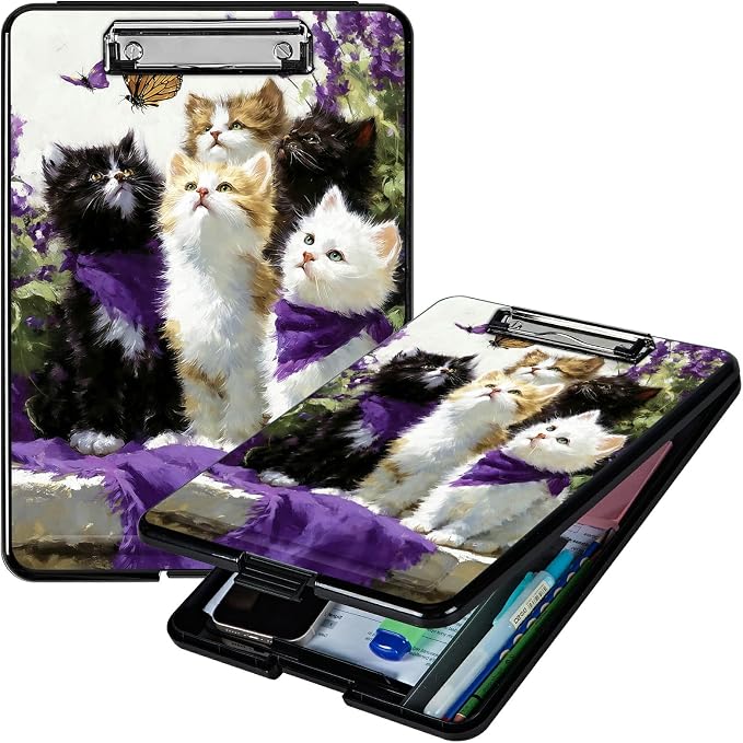 Heavy Duty Storage Clipboard, Slim Nursing Clipboard with Internal Pen Case, Portable File Organizer Case for A4 Letter Size Paper Office Medical Professionals, Lavender Cat