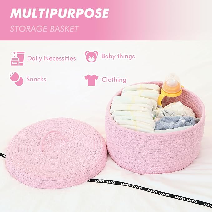 Sea Team Round Storage Basket, Woven Cotton Rope Basket with Lid, Pink | Decorative Knitted Storage Bin, Multi-Purpose Lidded Organizer for Closet Shelves, Nursery and Household Storage