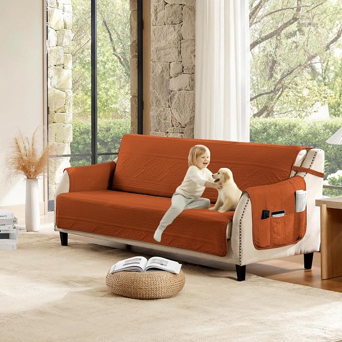 Boho Quilted Pet-Friendly Couch Covers with Pockets, Anti-Slip Aztec Couch Covers for 3 Cushion Couch, CouchCovers for Sofa Water-Repellent SofaCovers Washable (Large Sofa 68", Burnt Orange)