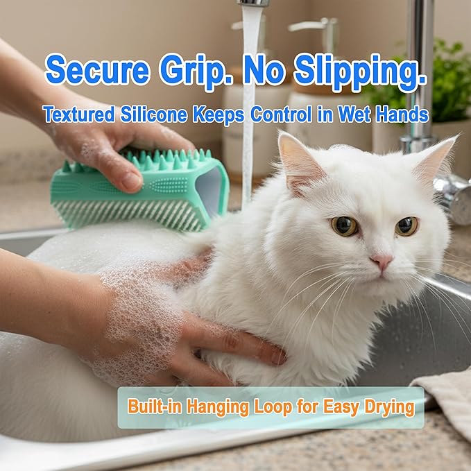 Triangular Wrap-Around Pet Grooming & Bath Brush for Dogs & Cats – 3-in-1 Silicone Dog Bath Brush with Deshedding Bristles, Massage Cones & Deep Cleaning Nubs, Soft Flexible Self-Cleaning Design,Gray