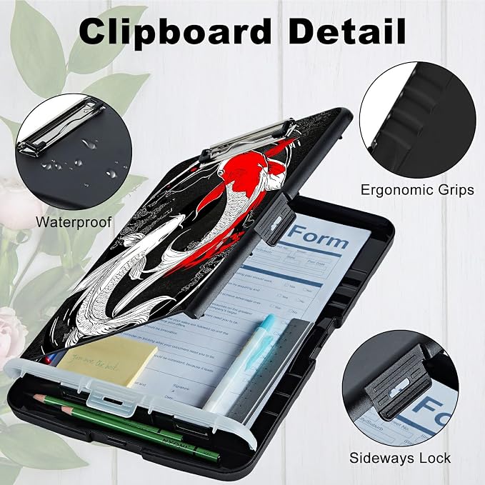 Red White Fish A4 Clipboard with Storage Pen Holder, Clipboards Organizer Nursing Clipboard Foldable File Folder Plastic Clipboard Folio Clip Board for Office Students Classroom Doctor