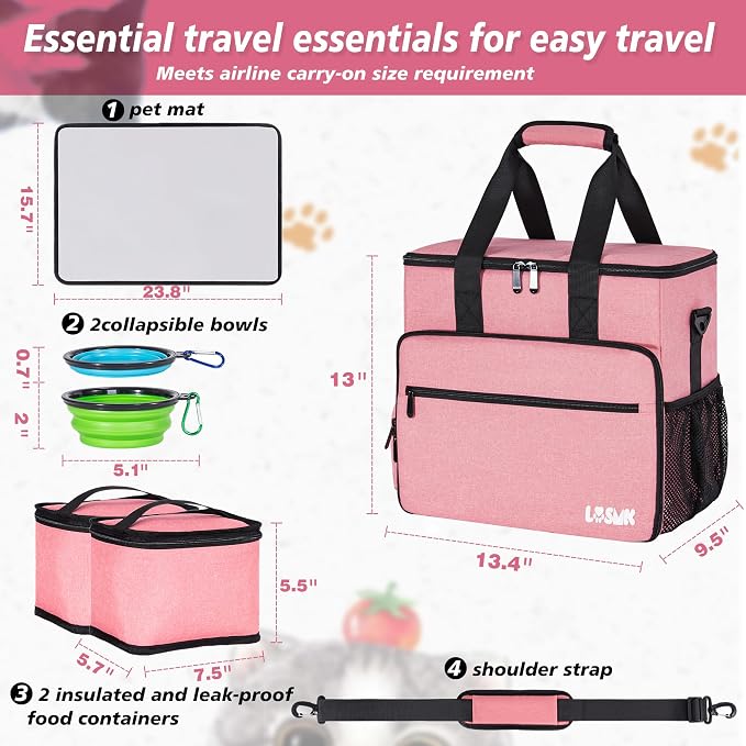 Dog Travel Bag, Large Pet Travel Set with Multi-Function Pockets | 2 Food Storage Containers, 2 Collapsible Bowls, 1 Feeding Mat for Pet Supplies, Road Trip Essentials, Weekend Camping, Pink