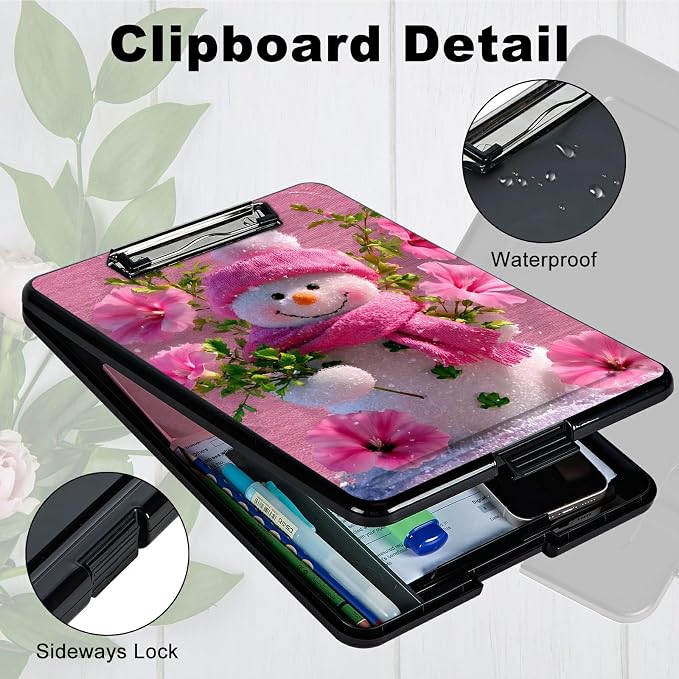Heavy Duty Storage Clipboard, Slim Nursing Clipboard with Internal Pen Case, Portable File Organizer Case for A4 Letter Size Paper Office Medical Professionals, Pink Flower Snowman