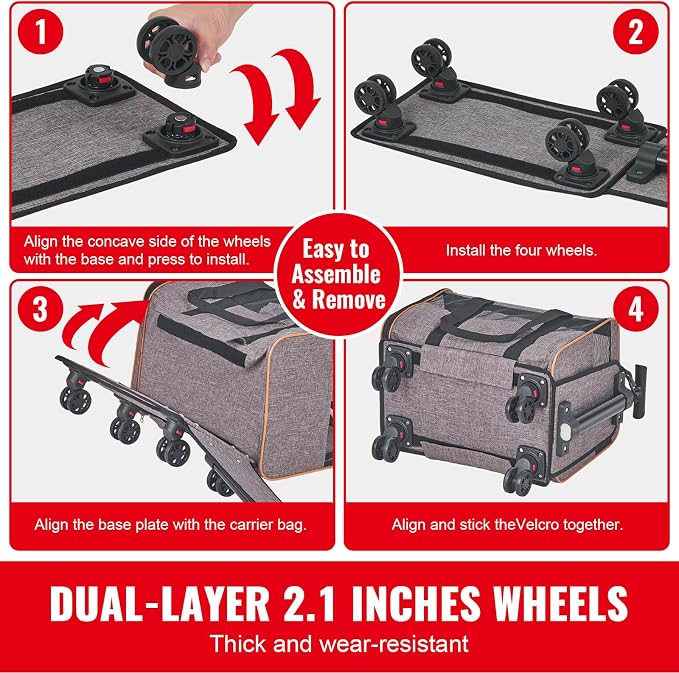 Happybuy Cat Carrier with Wheels, Airline Approved Rolling Pet Carrier with Telescopic Handle and Shoulder Strap, Holds Pets up to 22 lbs, Includes Folding Bowl, Grey