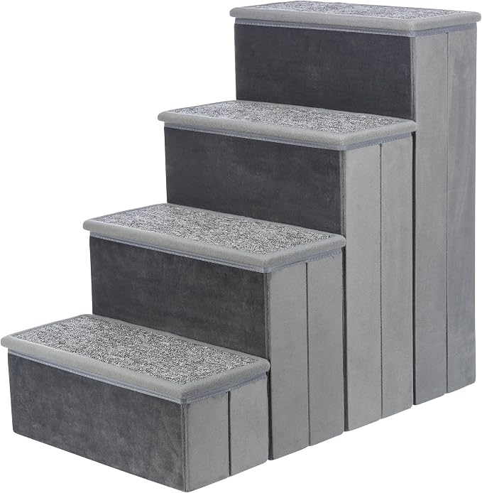 TRIXIE 4-Step Velour Pet Stairs, Gray | Collapsible, Storage Compartments for Pet Toys, Ideal for Dogs and Cats