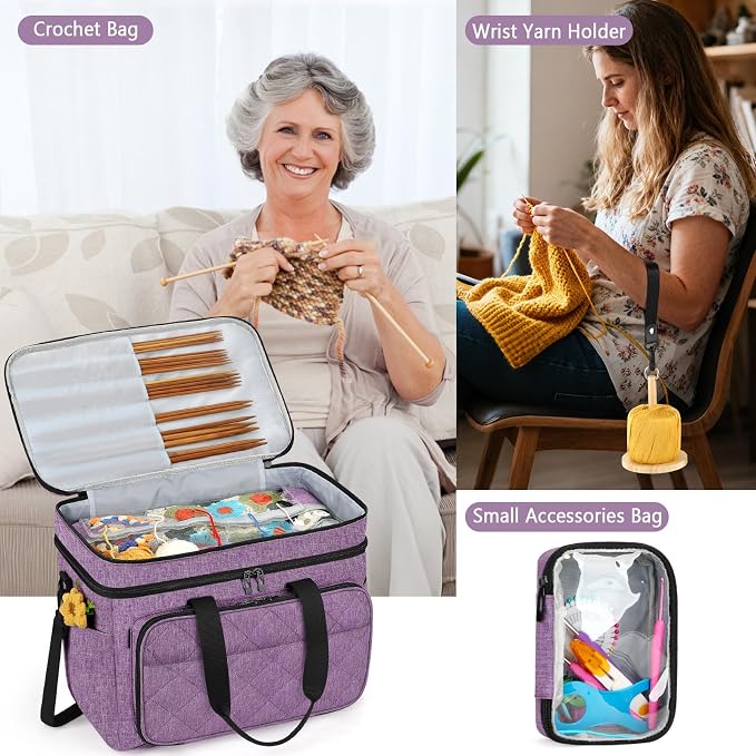 Crochet Organizer Bag with Yarn Holder, Large Yarn Storage for Accessories | 3PCS Crochet Knitting Bag with Accessory Pouch for Hooks, Needles, Travel Tote, Crochet Lovers, Gift for Crafters, No-Tangle