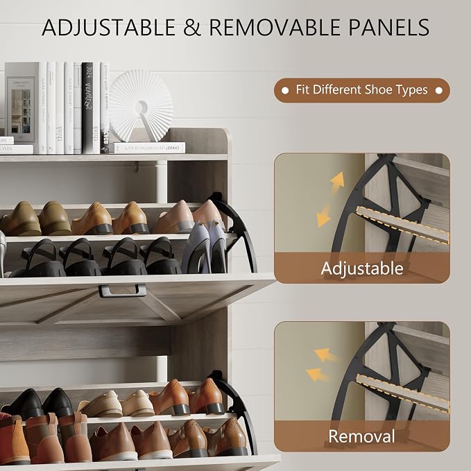 Xixini Shoe Storage Cabinet with 3 Flip Drawers, Entryway Shoe Rack, Grey | Freestanding Narrow Shoe Storage, Hidden Slim Wood Shoe Organizer, Modern Farmhouse, Open Storage & Hooks for Closet, Hallway