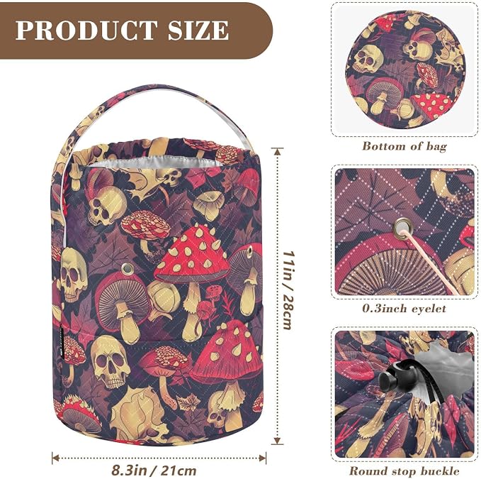 Fustylead Red Amanita Mushrooms Fall Leaves and Skulls Crochet Drawstring Organizer, Large Yarn Bag Storage Tote Basket for Crocheting On The Go, Kit Holder, Gift for Knitter, Crochet Beginner