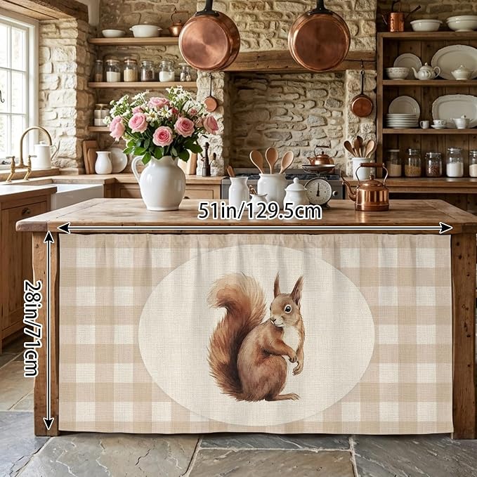 Squirrel Plaid Cabinet Curtains 28"x51" Sink Skirt for Bathroom Kitchen, Rustic Farmhouse Checkered Retro Animal Self Stick Adhesive Under Desk Covers Tall Laundry Cabinet Storage Organizer