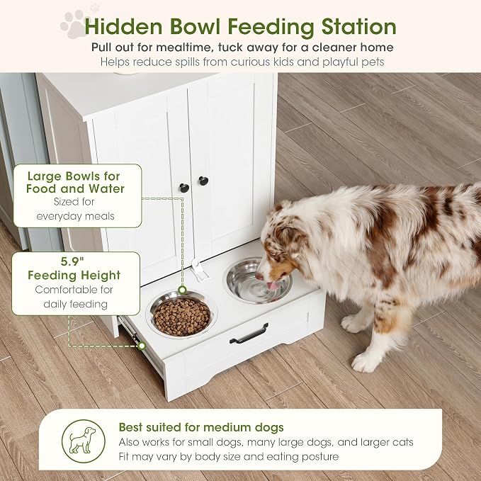 Dog Feeding Station with Storage Cabinet, White Wood Dog Cabinet with 2 Elevated Stainless Steel Bowls, Hidden Pull-Out Feeder Drawer, Pet Feeding Station for Kitchen and Living Room