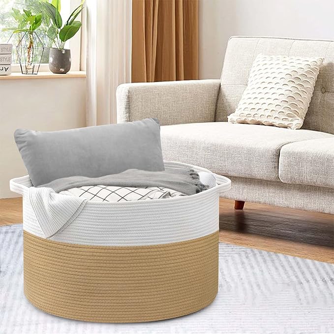 MEGASKET Extra Large Storage Basket, 22” x 22” x 14” Cotton Rope Bins for Storage, Wicker Baby Laundry Basket, Kids, Woven Kids Toy Bin Box, Decorative Baskets for Organizing Clothes, Towels, Blankets