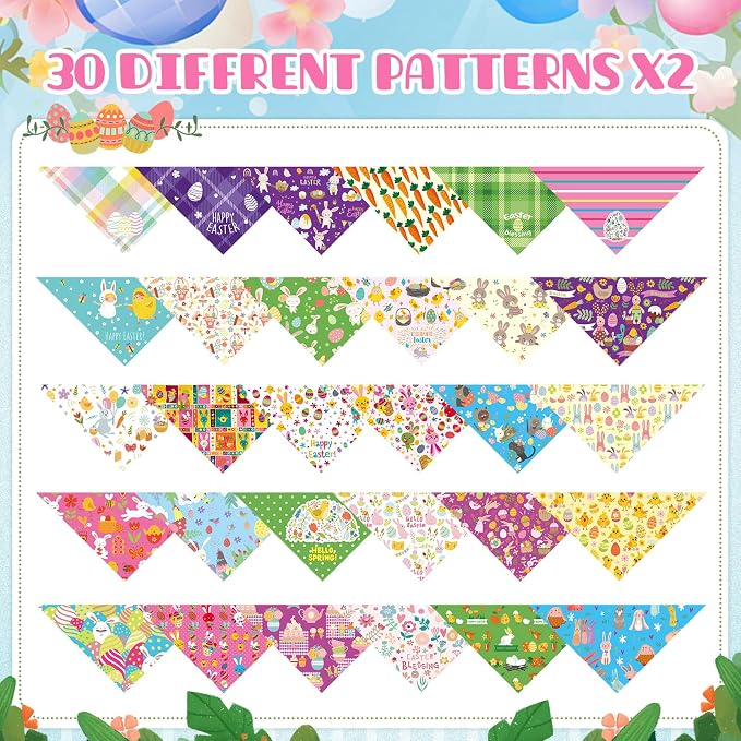 Sanwuta 60 Pcs Easter Dog Bandanas Bulk Bunny Dog Bandanas Adjustable Puppy Bibs Triangle Scarf Holiday Pet Costume for Small Medium Pet (Bunny Pattern, Large)