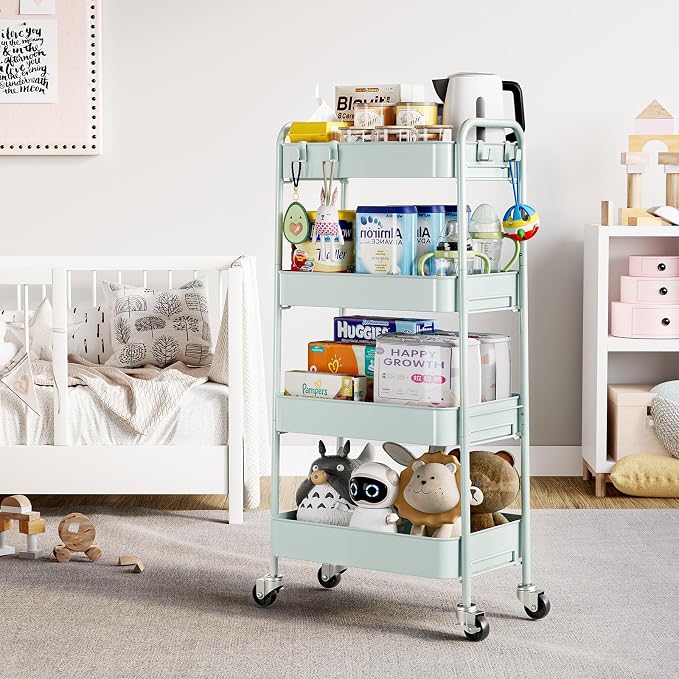 TOOLF 4 Tier Metal Rolling Cart, Utility Storage Cart with Wheels, Green | Screwless Assembly, Lockable Metal Wheels, Trolley Organizer for Bathroom, Kitchen, Office, Dorm, Laundry, Craft Room