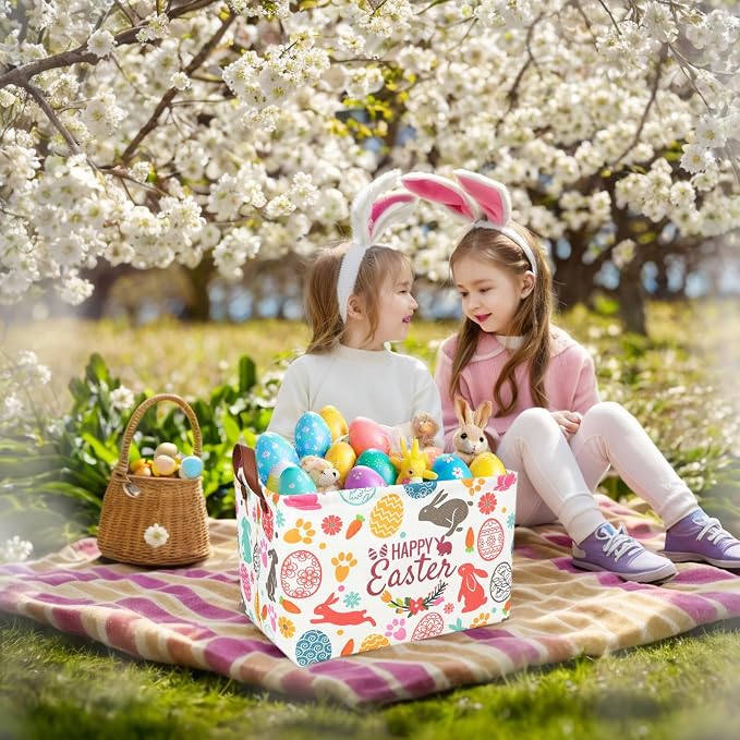 Easter Basket for Kid Large Empty Rectangular Cute Easter Gift Storage Basket Bunny Eggs Décor (Rabbit Bohemia)