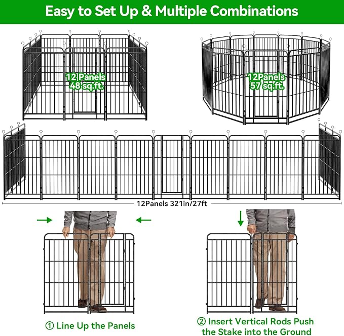 Kfvigoho Heavy Duty Dog Playpen 12 Steel Panels 47" Height | Square Steel Pipe with Reinforced Crossbars, 27FT 57 Sq.ft Portable Dog Fence Outdoor or Yard RV Camping, Snowy Black