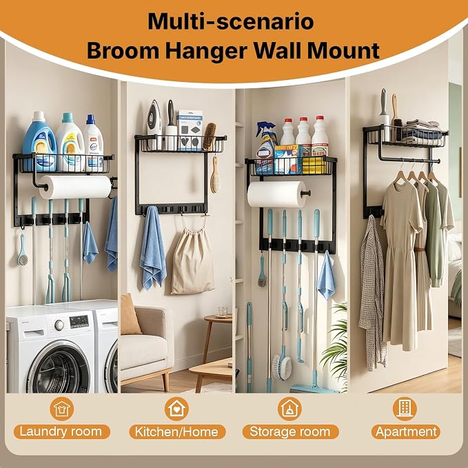 Broom Holder Wall Mount with Paper Towel Holder& Removable Anti-fall Basket | Broom and Mop Organizer Wall Mount Cleaning Supplies Organizer for Laundry Room, Apartment, Utility Room
