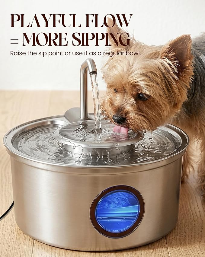 Cat Water Fountain,108oz/3.2L Stainless Steel Cat Fountain and Removable Water Bowl,Pet Fountain with Water Level Window,Quiet Pump,Multi-Filter, Water Tap, Provides Flowing,for Dog Cats