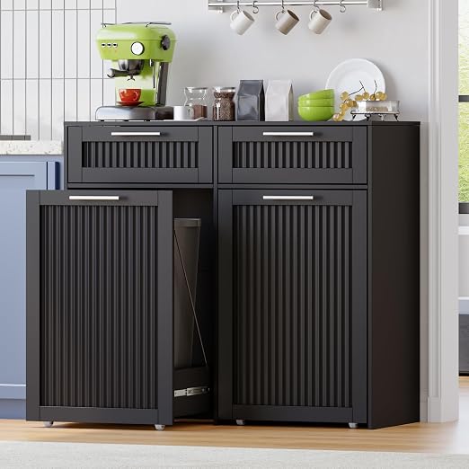 Double 13 Gallon Pull Out Trash Can Cabinet with Drawer, Garbage Cabinet | Pet Proof Hidden Trash Storage, Fluted Farmhouse Design, Space-Saving Kitchen Organizer, Dining Room Storage,Black