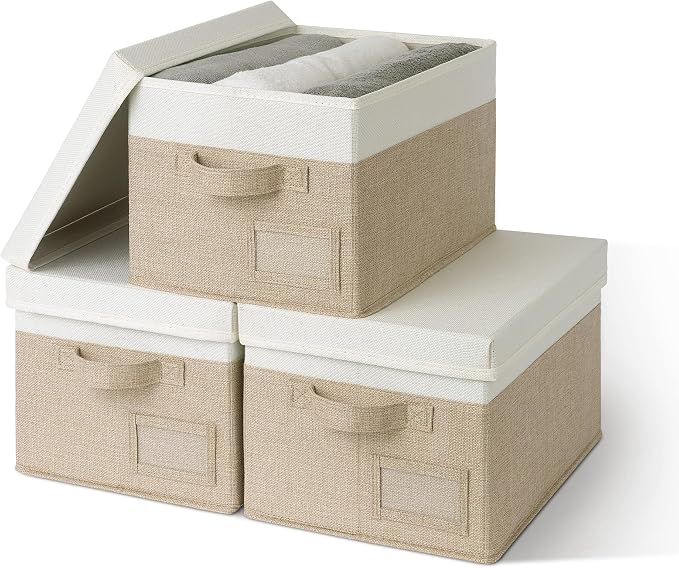 GRANNY SAYS Storage Bins with Lids, Decorative Storage Boxes with Lids | Storage Box with Dust Cover, Handles & Lable, Collapsible, Ideal for Closet Clothes Blanket Toys, Medium, White&khaki, 3-Pack