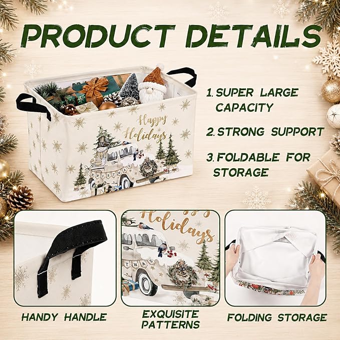 4 Pcs Christmas Storage Basket for Gifts Empty Large Christmas Storage Bins 15 x 10 x 8 Fabric Laundry Baskets with Handle Xmas Collapsible Organizer Boxes for Home Office Gifts Toys Books