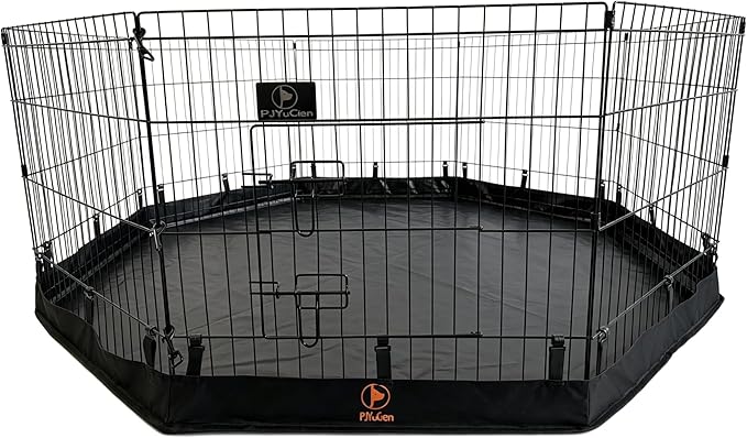 PJYuCien Puppy Playpen with Bottom Pad and Door, 8 Panels 24" H, Black | 24"W, Dual-function Pad, For Small Pets, Foldable Octagonal Pen, Versatile, Indoor & Outdoor, Backyard, Protects Floors