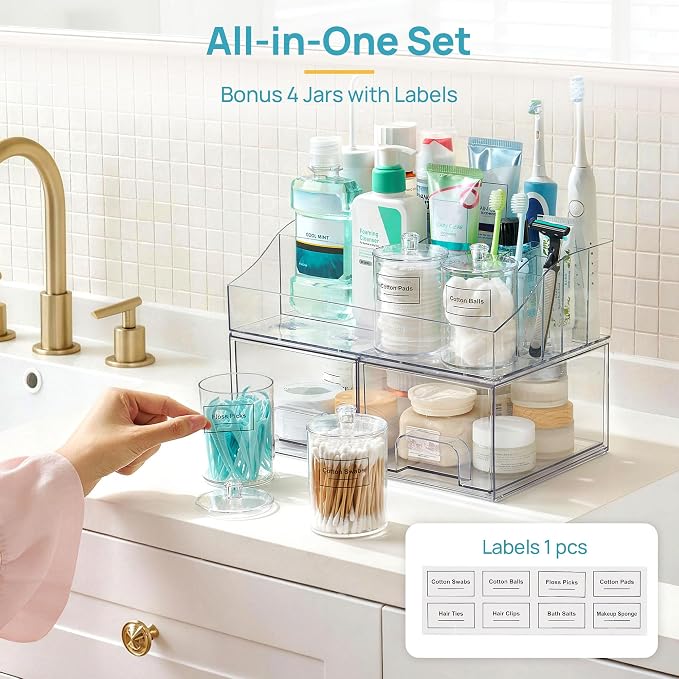 Vtopmart 7 PCS Bathroom Countertop Organizer | 1 Divided Tray, 4 Qtip Holder Jars, 2 Drawers, Clear, For Toothbrush, Cotton Pads, for bathroom countertop