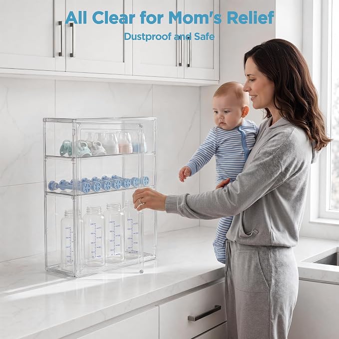 HBlife Baby Bottle Storage Organizer for Countertop Cabinet, 3 Tiers Adjustable Clear Acrylic Bottles Storage Station Case Box Container with 2 Removable Dividers and Magnetic Door, Medium