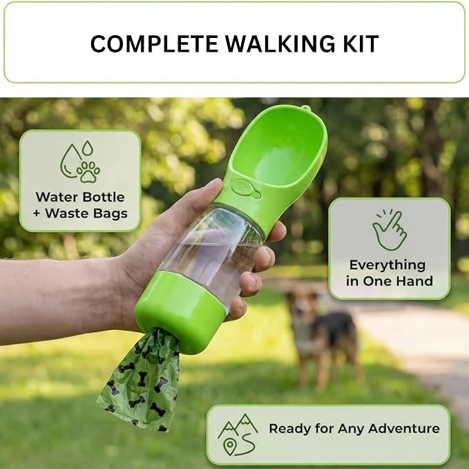 3-in-1 Dog & Cat Water Bottle with Food Container & Poop Bag Holder – Includes 60 Extra Waste Bags – 13.5oz Leak-Proof, BPA-Free Portable Pet Travel Dispenser, Green
