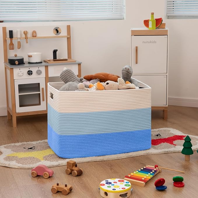 OIAHOMY 108L Extra Large Blanket Basket Dog Toy Basket Gradient Light Blue | Rectangle Woven Baskets for Storage Cotton Rope Basket For Living Room Toy Storage Blanket Storage Laundry Basket