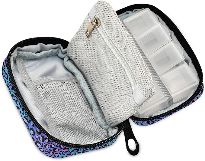 Colorful Cute Leopard Print Pill Case, Portable Weekly Pill Box Bag Container 7 Days Pill Organizer Vitamin Supplement Holder with Zipper for Travel Family Business