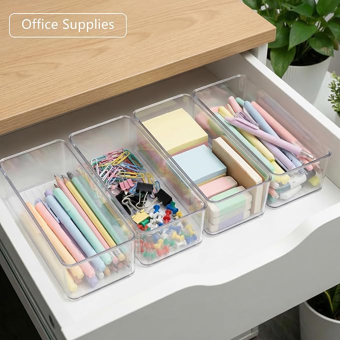 Qilinba 8 PACK Drawer Organizers Deep Drawer Organizer Bins | Clear Silverware Organizer, Stackable Storage Bins for Bathroom, Pantry, Office, Vanity, Desk