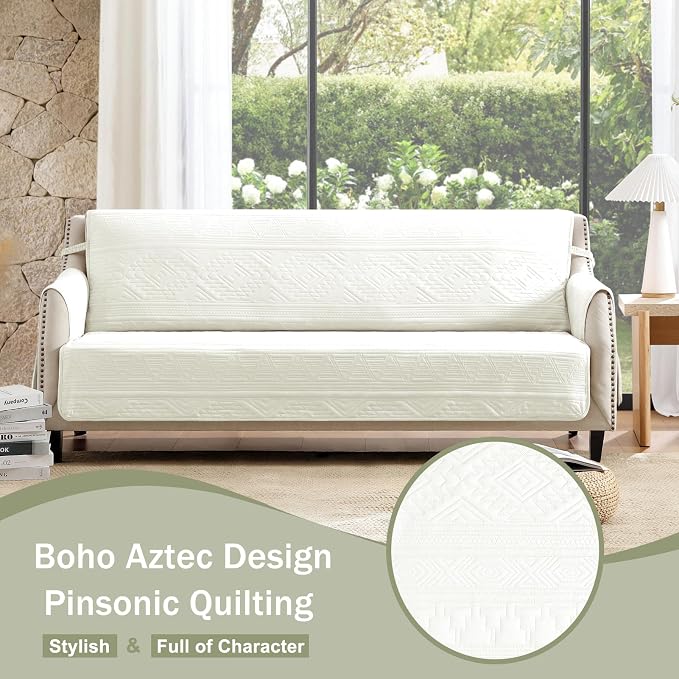 Boho Quilted White Couch Covers for 3 Cushion Couch Sofa Pet Friendly, Anti-Slip Sofa Slipcovers with Pockets, Water-Repellent Sofa Covers Washable (Large Sofa 68", White)