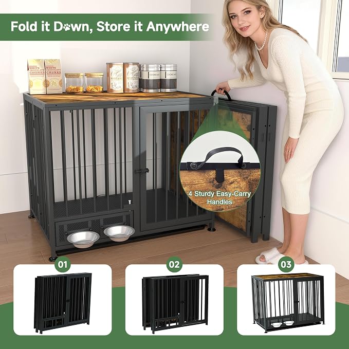 Heavy Duty Dog Crate for Medium Dogs, 3 in 1 37.8" Foldable Collapsible Dog Kennel & Playpen with Wheels & Feeding Bowls, Escape-Proof Metal Dog Cage for Indoor Outdoor Use, Rustic Brown