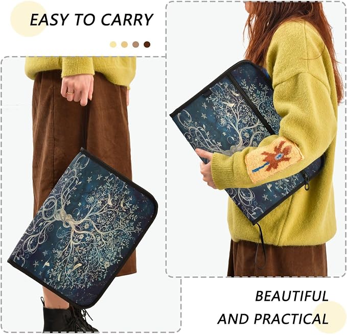 13 Pocket Zipper Expanding File Folder A4 Tree of Life | Accordion File Organizer with Front Pouch A4 Letter Size Portable Folders for Documents Receipt School Office Supplies