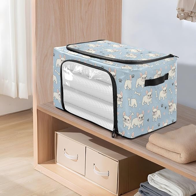 Cute Pets Dogs Blue print Under Bed Storage Containers with Double Zipper Openings, Foldable Clothes Storage Bins with Clear Window and Handles for Comforters Bedding Blankets