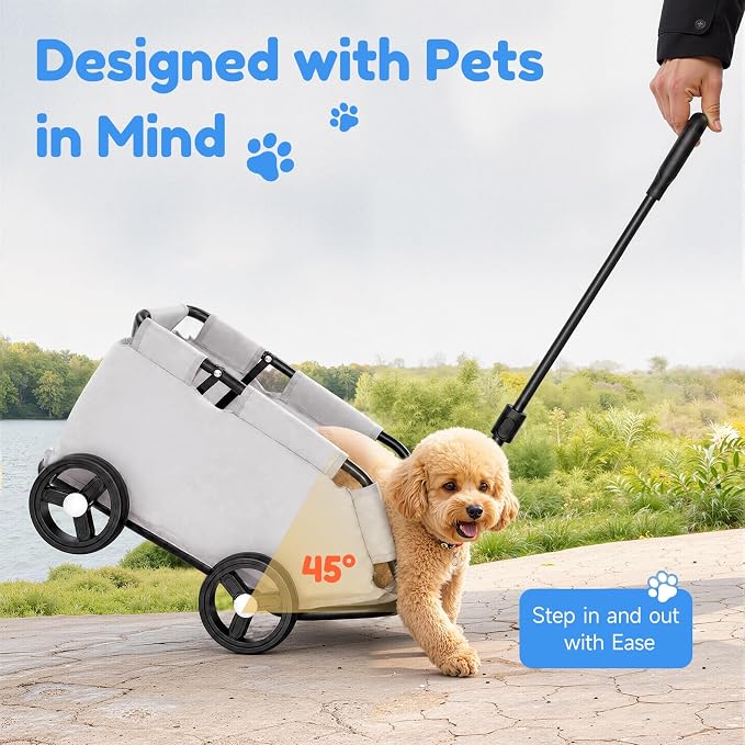 Mini Dog Strollers, 4 Wheel Foldable Dog Stroller, Portable Pet Carrier Dog Cart w/Side Storage Pocket Adjustable & 360° Rotatable Pull Rod for Small Pets Travel Shopping Walking (Grey)