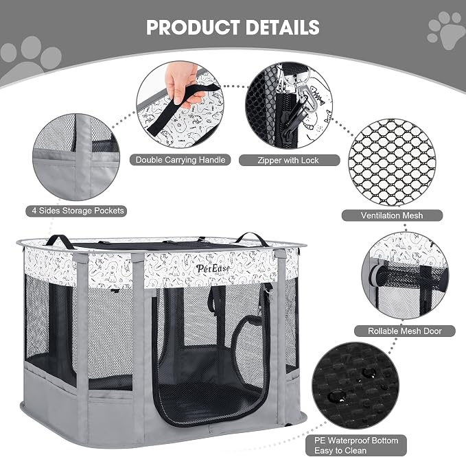 Portable Cat Playpen with Litter Box, Cat Enclosure for Camping, Cat Recovery Playpen After Surgery, Foldable Indoor Outdoor Pet Tent for Cats Rabbits Puppies (Light Gray)