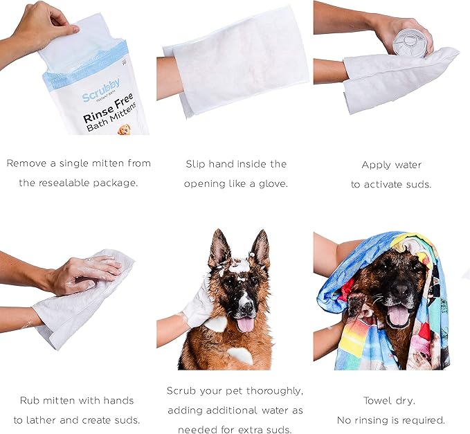 Scrubby Pet No Rinse Pet Wipes | Rinse Free Shampoo Mittens | Dogs & Cats | Bath Wipes - Bathing & Washing Pets, Hypoallergenic | No Rinse Wash Mitt | Grooming, Lather Wipe Dry - Pack of 15