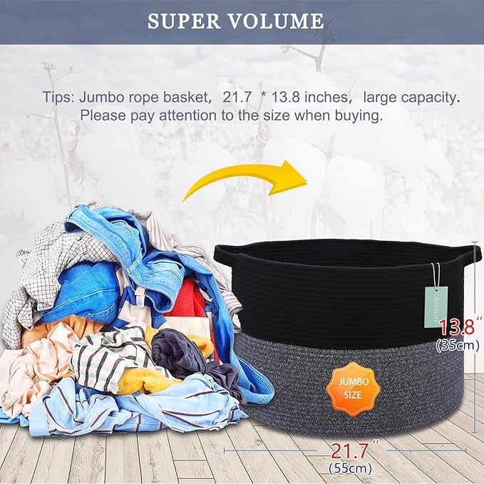 Large Cotton Rope Blanket Basket, 87L Laundry Hamper, Black & Gray