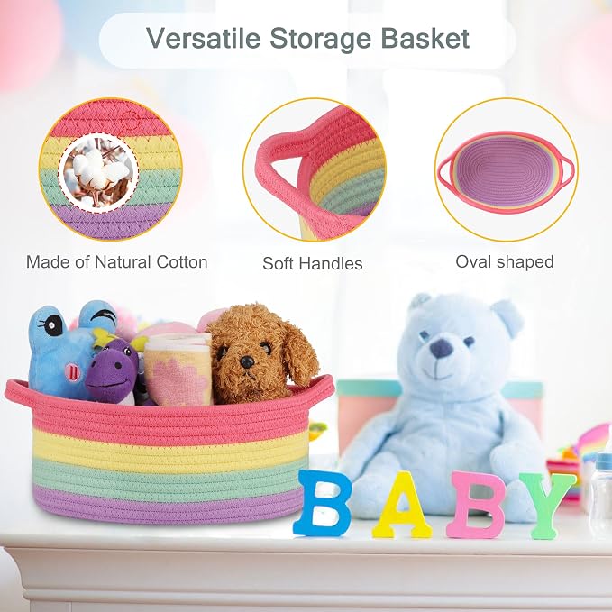 COMSE Empty Small Gift Basket with Bag & Ribbons, Rainbow | Cotton Rope, 12"x 8"x 5", Baby Toy Organizer, Stores Small Items for Bedrooms, Nurseries, Bathrooms, Living Rooms, Offices