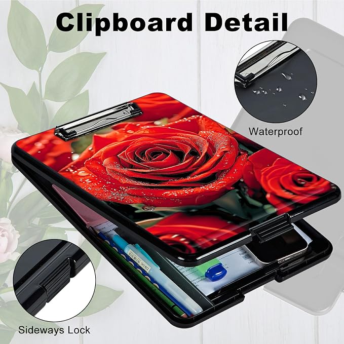 Heavy Duty Storage Clipboard, Slim Nursing Clipboard with Internal Pen Case, Portable File Organizer Case for A4 Letter Size Paper Office Medical Professionals, Red Rose